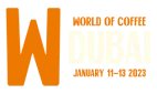 World of Coffee Dubai logo featuring orange and white text, with event dates January 8-10, 2023.