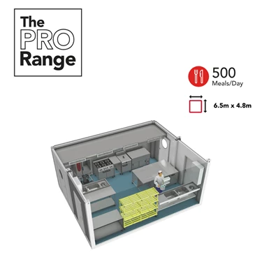 3D layout of a kitchen space featuring grey cabinets and a blue floor, labelled "The Pro Range.