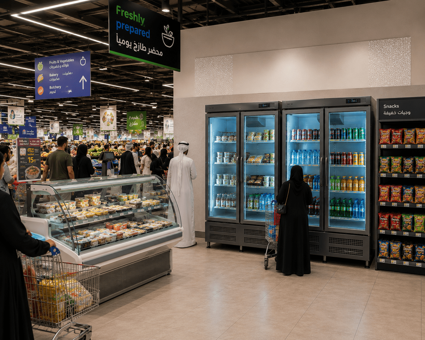 A shopper in black attire examines refrigerated drinks in a busy retail environment.