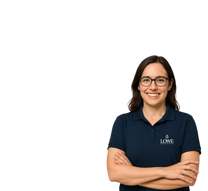 A woman with long brown hair and glasses, wearing a navy polo shirt, smiles confidently.