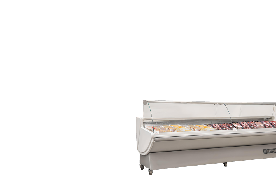 White display cabinet showcasing various colourful desserts, set against a grey background.