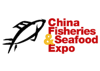 Logo for the China Fisheries and Seafood Expo, featuring a black fish illustration and bold red text.