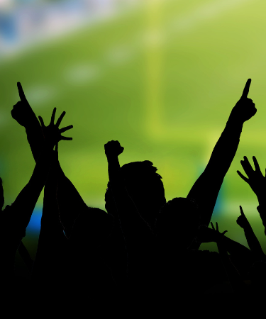 Silhouetted fans with raised hands celebrate against a blurred green football pitch background.
