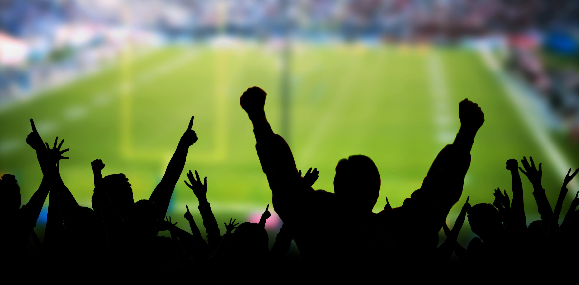 Silhouettes of cheering fans with raised arms against a blurred football pitch background.