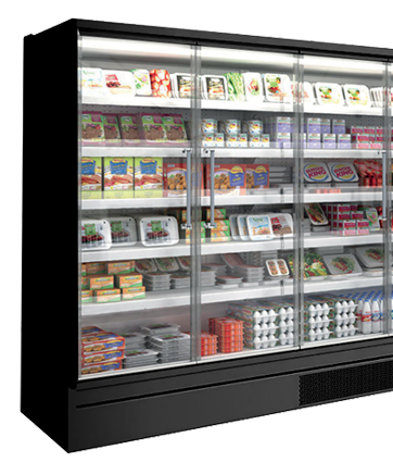 Refrigerated display unit showcasing various packaged food items in a sleek black frame.