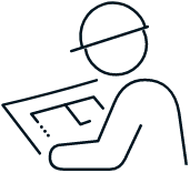 A person in a cap examines a blueprint, depicted in a simple black line drawing.
