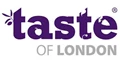 Purple and grey logo for "Taste of London" featuring stylised text and decorative elements.