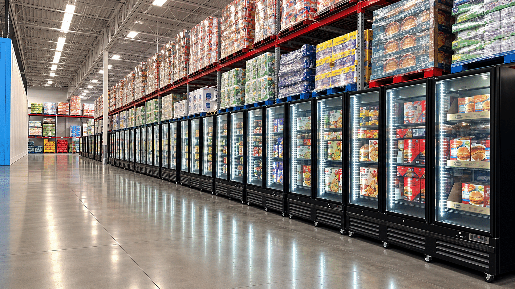 Aisle of black glass display fridges, stocked with colourful products, under bright warehouse lighting.