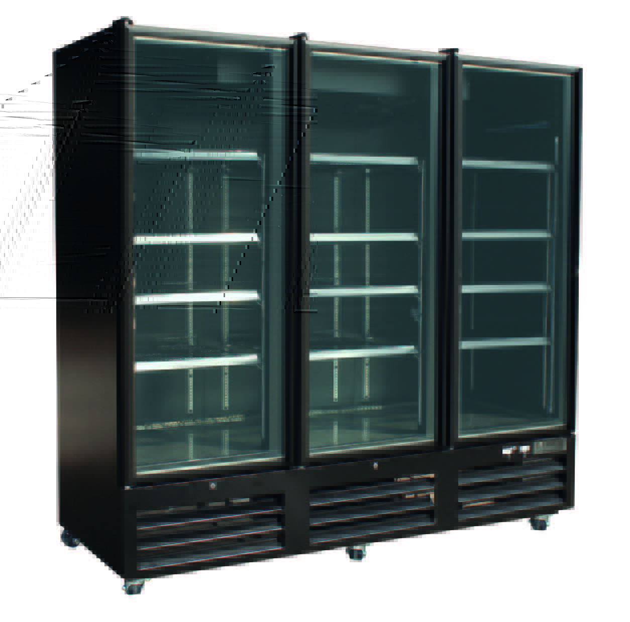 Three black glass-fronted refrigeration units with empty shelves, designed for catering use.
