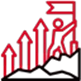 Red graphic depicting upward arrows and abstract figures on a black background.