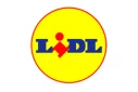 Lidl logo featuring red and blue text on a yellow circular background.