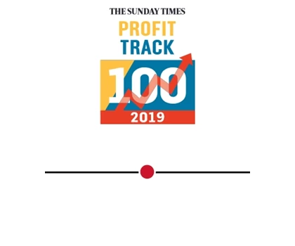 The Sunday Times Profit Track 100 logo, featuring blue, orange, and red colours, 2019 edition.