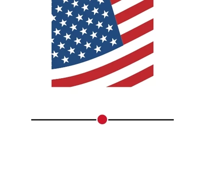 Red and blue stylised American flag design with white stars on a plain background.