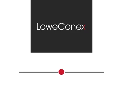 LoweConex logo displayed on a black background with a red accent line below.
