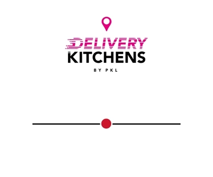 Logo for Delivery Kitchens, featuring bold black text and a pink location pin icon.