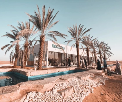 Modern building surrounded by palm trees, with a clear blue sky and sandy landscape.