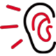 Red ear symbol with radiating lines on a black background, representing listening or awareness.