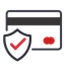 A black credit card with a red circle and a shield icon, symbolising secure payment.