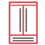 Red double-door refrigerator with silver handles, set against a plain background.