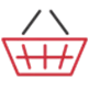 Red shopping basket icon with a black handle on a plain background.