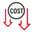 Black circular logo with the word "COST" and two downward red arrows on a black background.