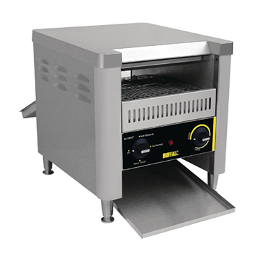 Stainless steel conveyor toaster with adjustable temperature controls and a pull-out tray.