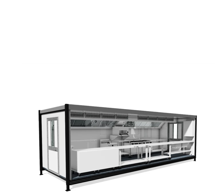 A modern, white and black modular kitchen unit with glass panels and various appliances visible inside.