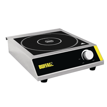 Single induction hotplate with a black cooking surface and stainless steel casing, featuring a control knob.