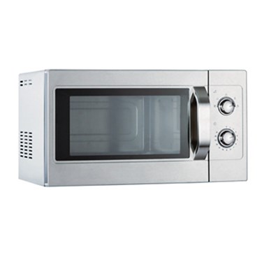 Silver commercial microwave with a glass door and two control knobs on the right side.