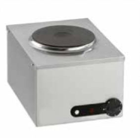 Individual tabletop burner with a shiny black cooking surface and a stainless steel body.