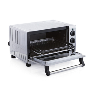 Silver countertop oven with an open door, revealing a wire rack inside.