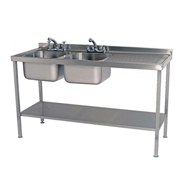 Stainless steel sink with two basins and a lower shelf, featuring a polished surface.