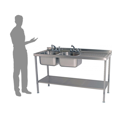 Stainless steel sink with two basins, accompanied by a shadowy figure gesturing beside it.