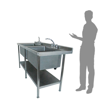 Stainless steel double sink with a faucet, accompanied by a silhouette of a standing person.