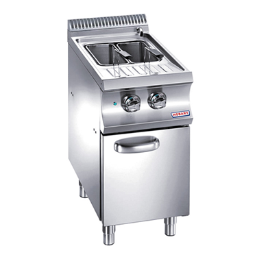 Stainless steel pasta cooker with two compartments, featuring control knobs and a sturdy base.