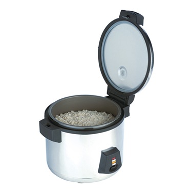 Silver rice cooker with an open lid, revealing uncooked rice inside.