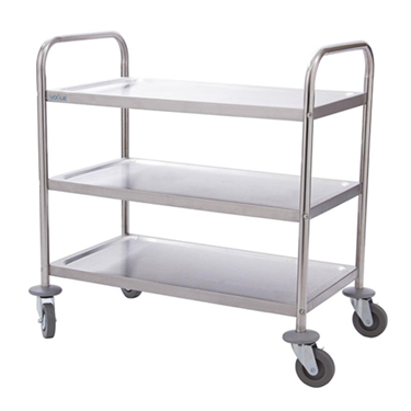 Three-tiered stainless steel service trolley with smooth surfaces and four wheels for mobility.