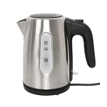 Stainless steel kettle with a black handle and control panel, placed on a white background.