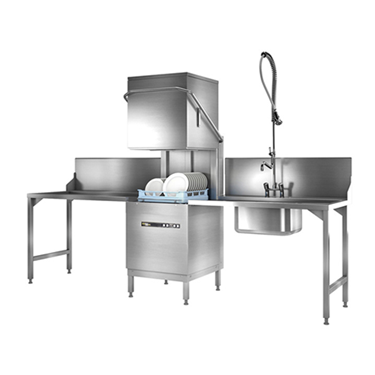 Stainless steel dishwasher setup with plates, sinks, and a spray nozzle on a workbench.