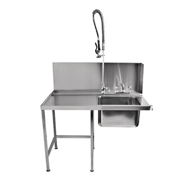 Stainless steel pre-wash table for dishwashers, featuring a high faucet and sink.