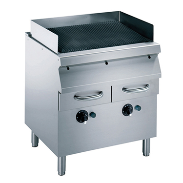 Stainless steel griddle with a smooth surface and two control knobs, designed for cooking.