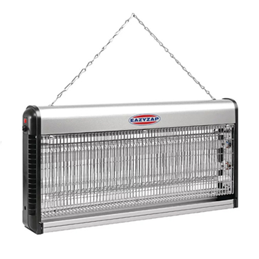 Electric insect trap with a silver casing and transparent grid, suspended by a chain.