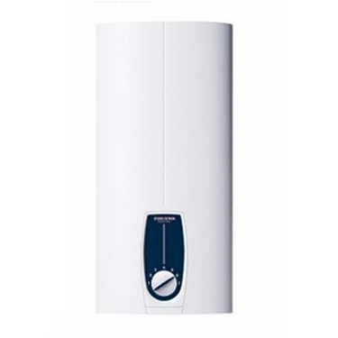 White electric instant water heater with a blue control dial on the front.