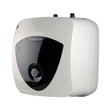 White electric water heater with a black front panel, designed for under-sink installation.