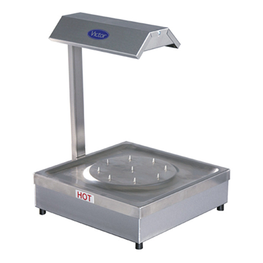 Stainless steel display stand with a curved top, featuring a circular base for food presentation.