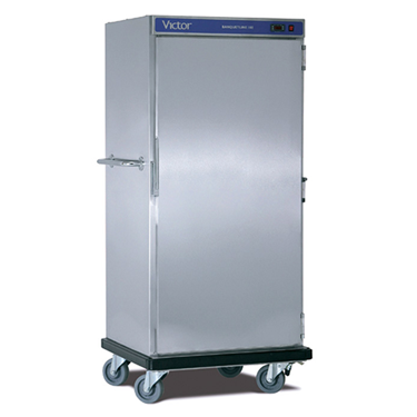 Stainless steel thermal cart on wheels, designed for catering, with a blue and black top panel.