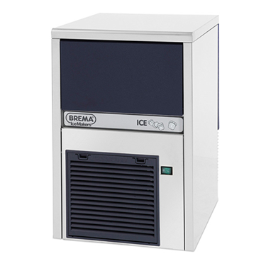 Compact ice machine in white and dark blue, designed for producing 26 kg of ice.