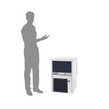 Compact ice machine in white, with a dark front panel, beside a silhouetted person gesturing.