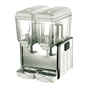 Double juice dispenser with transparent containers and a stainless steel base, featuring two dispensing taps.