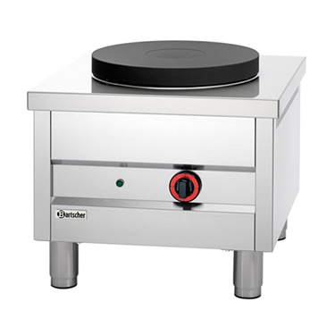 Stainless steel electric stove with a black cooking surface and red control knob.